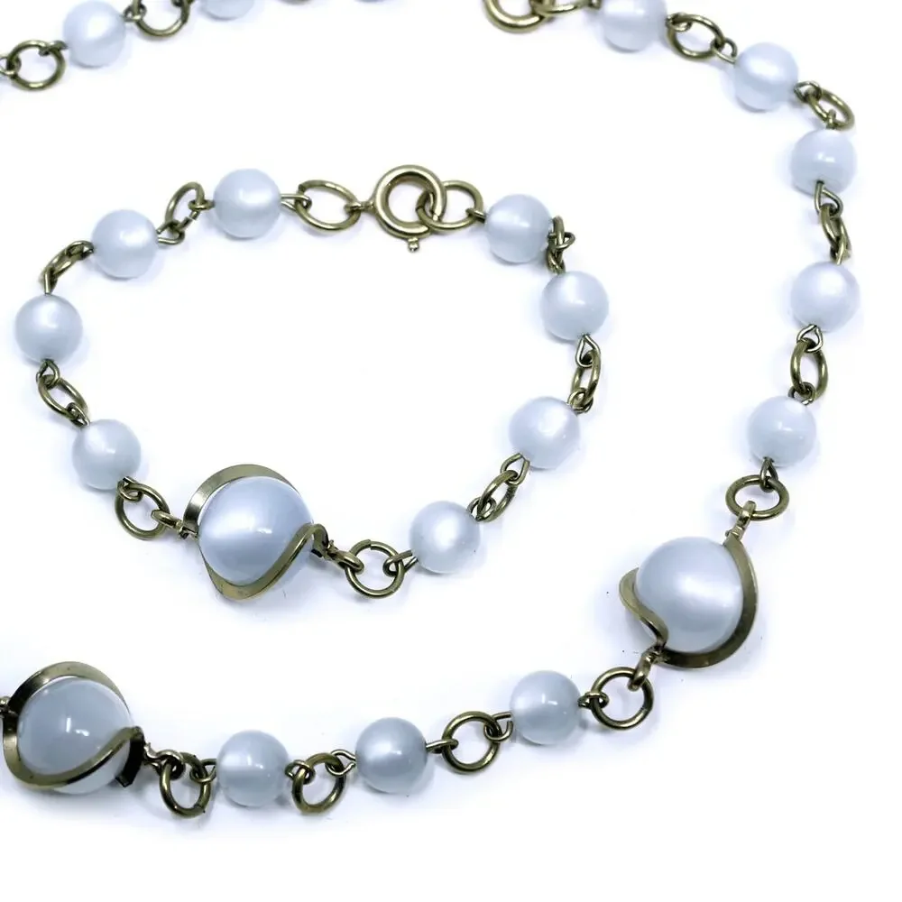 Vintage 1950s Blue Bead Necklace Bracelet Set Gold Tone Atomic Retro - Hey Viv